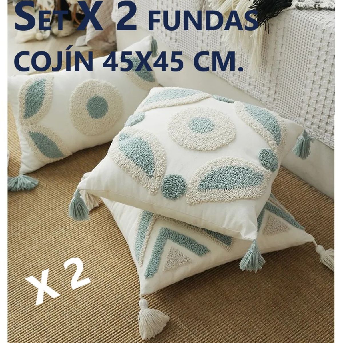 COMPRAPO - Set X 2 Fundas Cojín Boho Naturals Aqua 45x45 cm