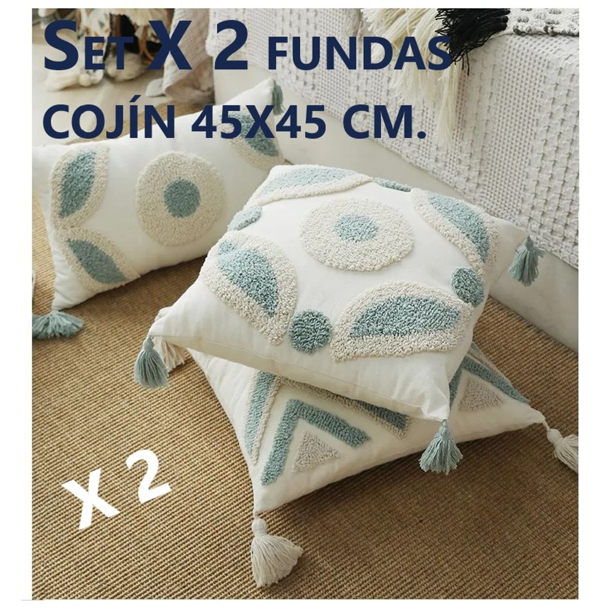COMPRAPO - Set X 2 Fundas Cojín Boho Naturals Aqua 45x45 cm