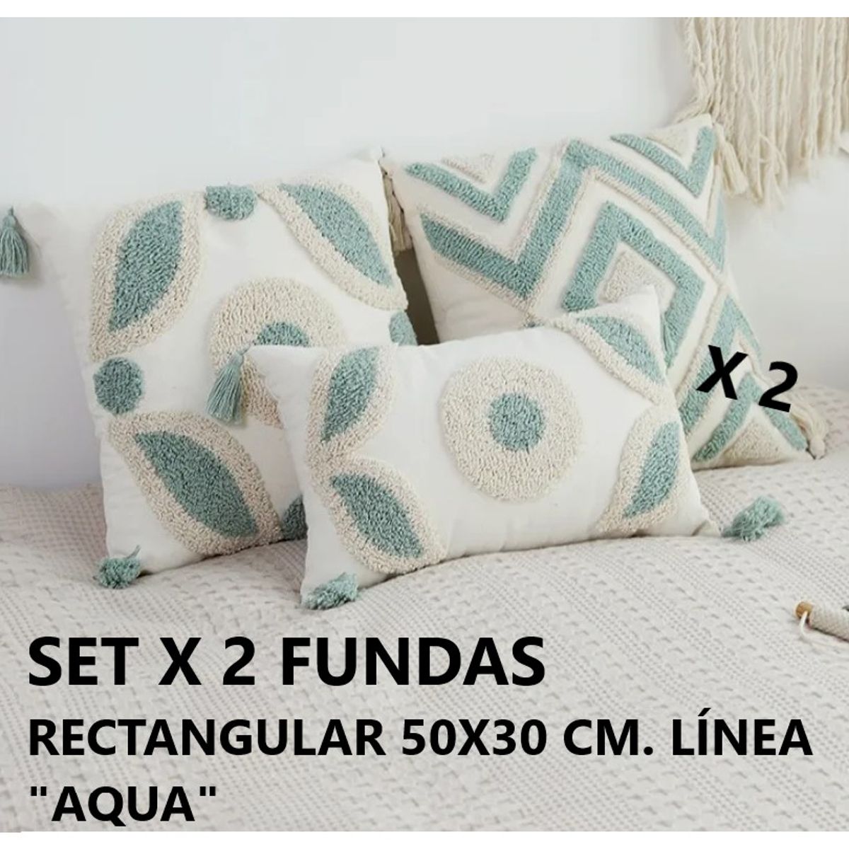 COMPRAPO - Set X 2 Fundas Cojín Boho Naturals Aqua 50x30 cm