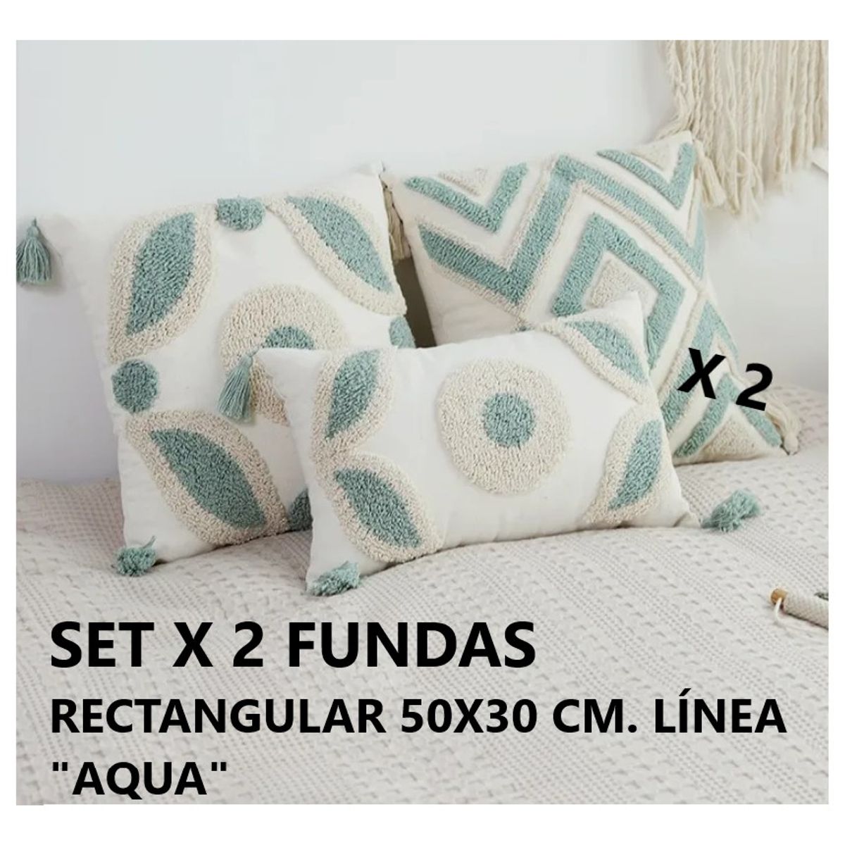 COMPRAPO - Set X 2 Fundas Cojín Boho Naturals Aqua 50x30 cm