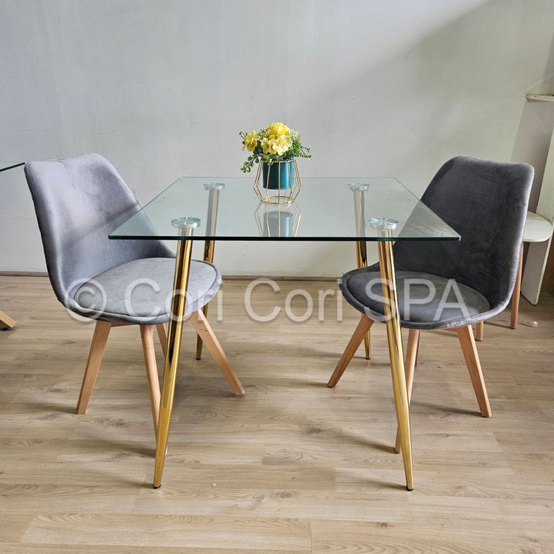 CORI CORI - Juego de Comedor Gold 80x80cm + 2 Sillas Tulip Velvet Gris