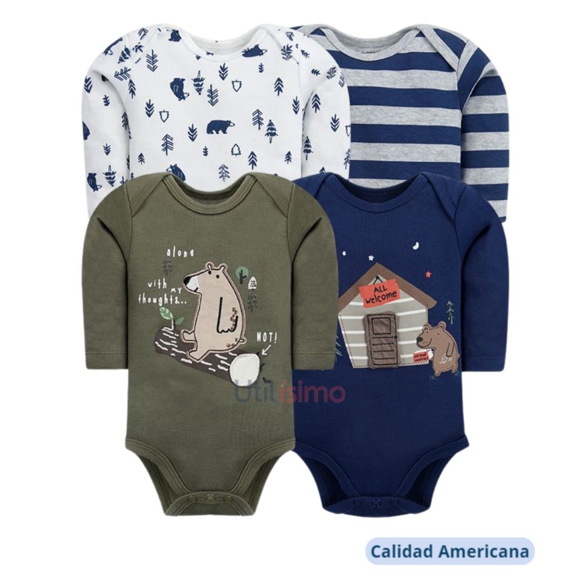 TEDMIMAK - Pack 4 Bodys Tedmimak Niño Manga Larga Osos 100% Algodón