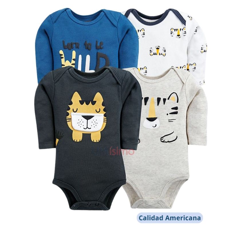 TEDMIMAK - Pack 4 Bodys Tedmimak Niño Manga Larga Tigres 100% Algodón