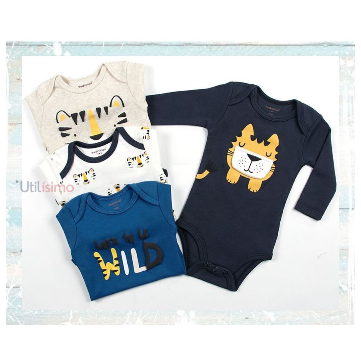 TEDMIMAK - Pack 4 Bodys Tedmimak Niño Manga Larga Tigres 100% Algodón