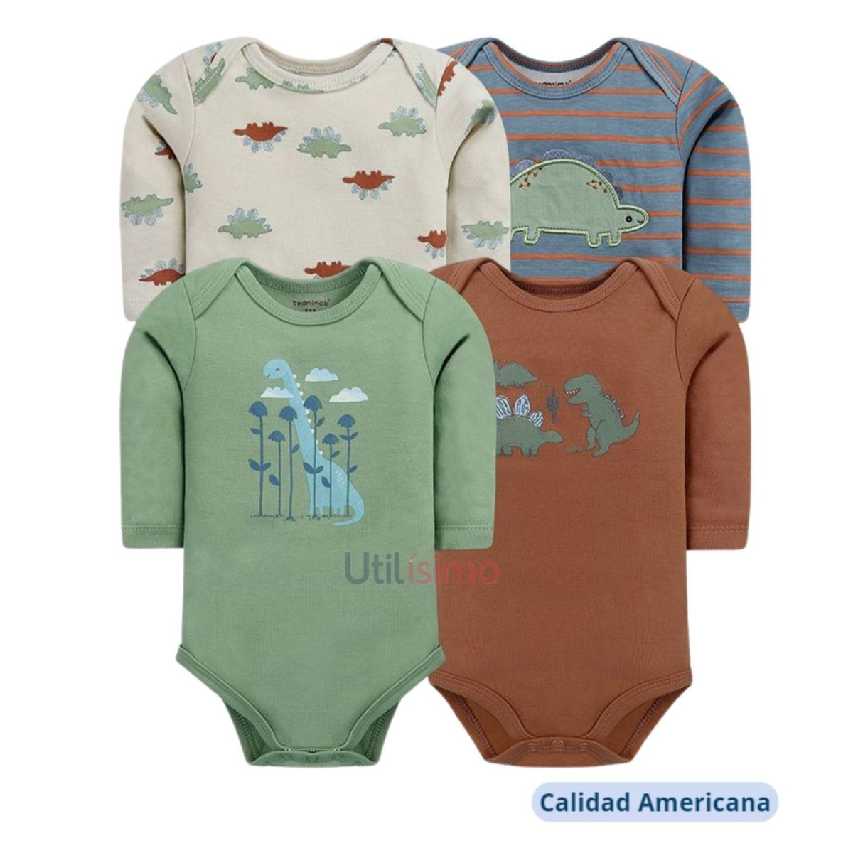 TEDMIMAK - Pack 4 Bodys Tedmimak Niño Manga Larga Dinosaurios 100% Algodón