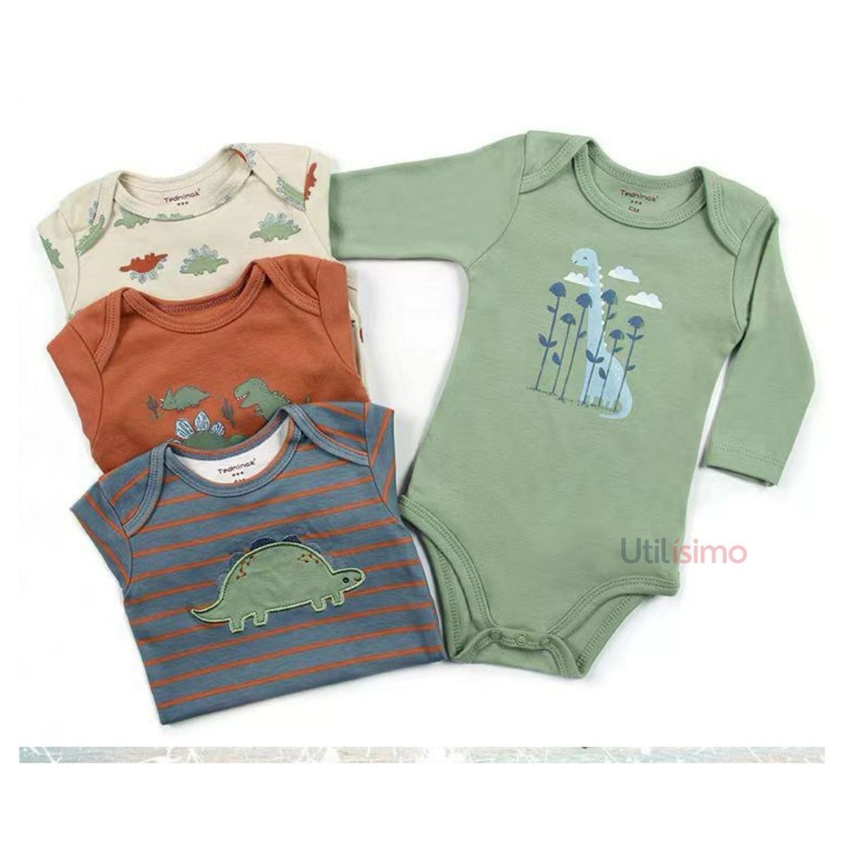 TEDMIMAK - Pack 4 Bodys Tedmimak Niño Manga Larga Dinosaurios 100% Algodón