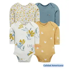 TEDMIMAK - Pack 4 Bodys Niña Manga Larga Corazones y Flores 100% Algodón