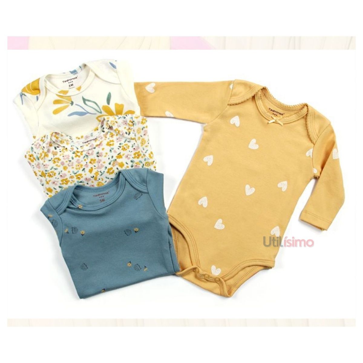 TEDMIMAK - Pack 4 Bodys Tedmimak Niña Manga Larga Corazones y Flores 100% Algodón