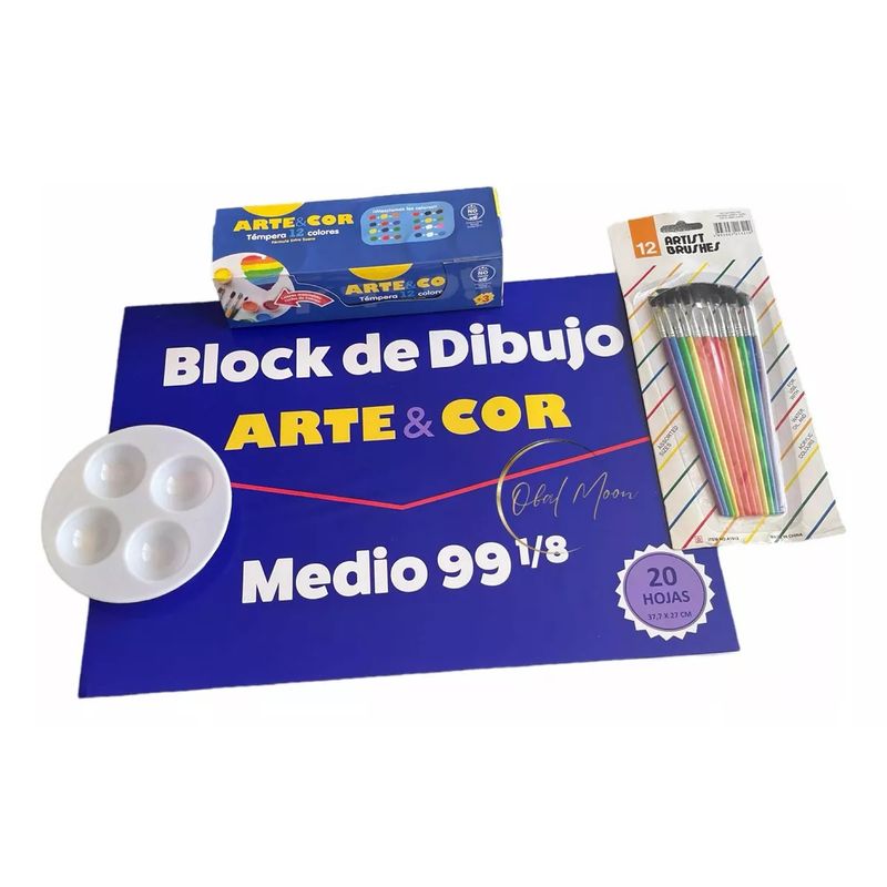 GENERICO - SetEscolar Para Arte Temperas Pinceles Block Y Mezclador