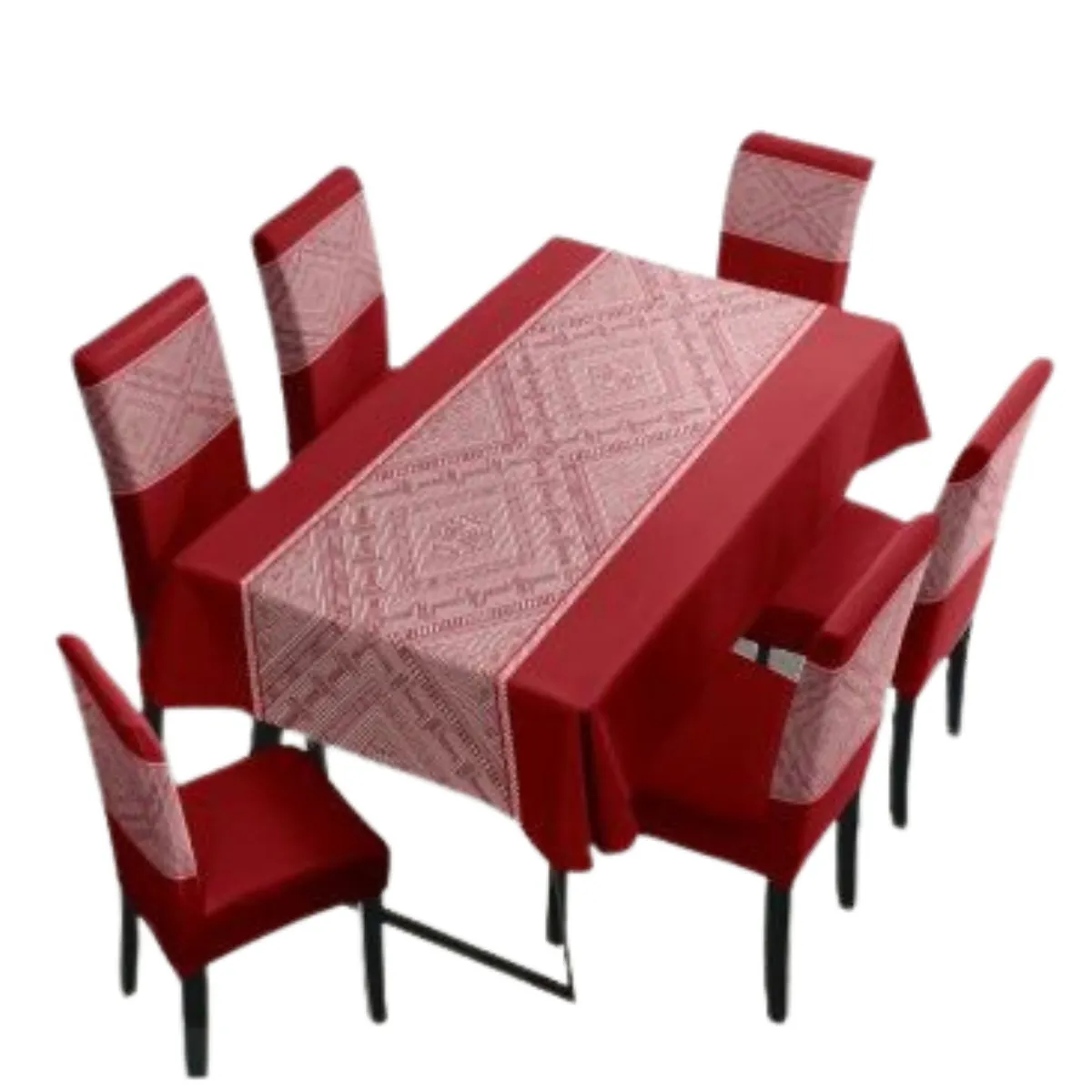 DIANA - Mantel Con Fundas De Sillas 7 Piezas 220x150 BORDO ESTAMPAD GEOMÉTRICO