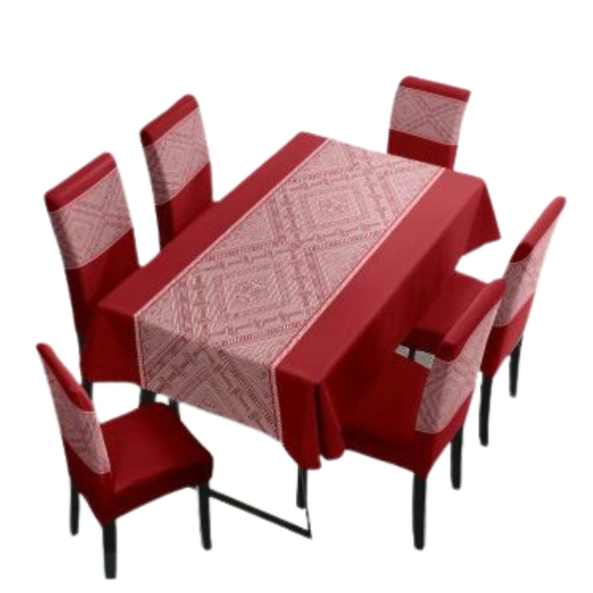DIANA - Mantel Con Fundas De Sillas 7 Piezas 220x150 BORDO ESTAMPAD GEOMÉTRICO