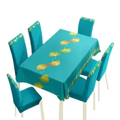 DIANA - Mantel Con Fundas De Sillas 7 Piezas 220x150 TURQUESA ESTAMPADO HOJAS