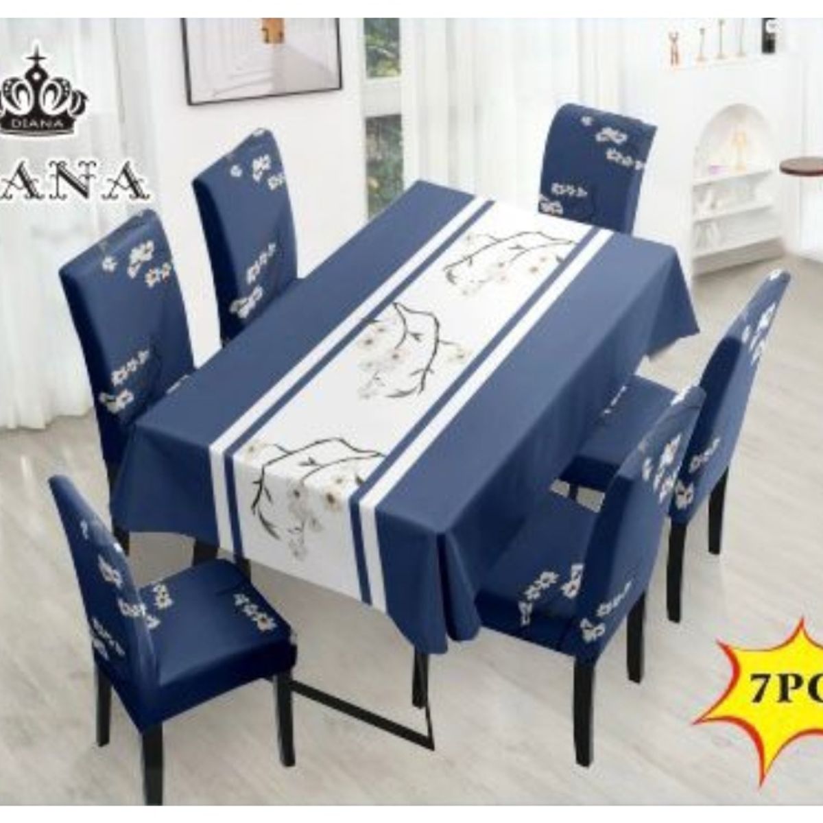 DIANA - Mantel Con Fundas De Sillas 7 Piezas 220x150 AZUL CENTRO BLANCO