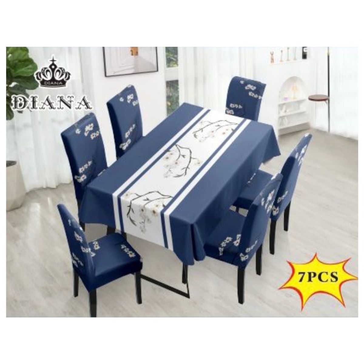 DIANA - Mantel Con Fundas De Sillas 7 Piezas 220x150 AZUL CENTRO BLANCO