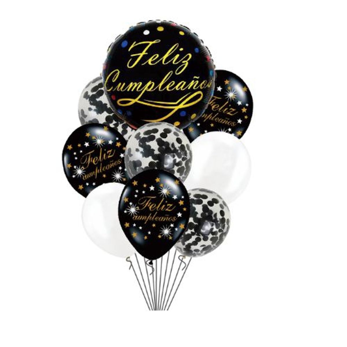 GENERICO - Globos Colores Negro Blanco 9 Unidades Feliz Cumpleaños