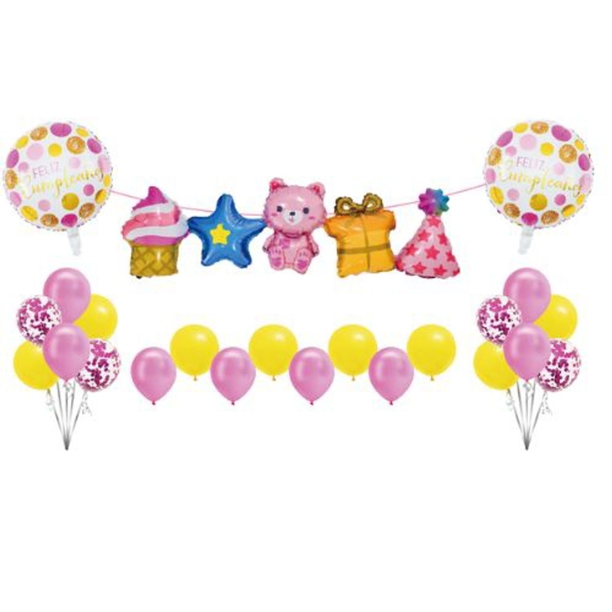 GENERICO - Globos Banderin Feliz Cumpleaños Rosa Amarillo 93X28 Cm