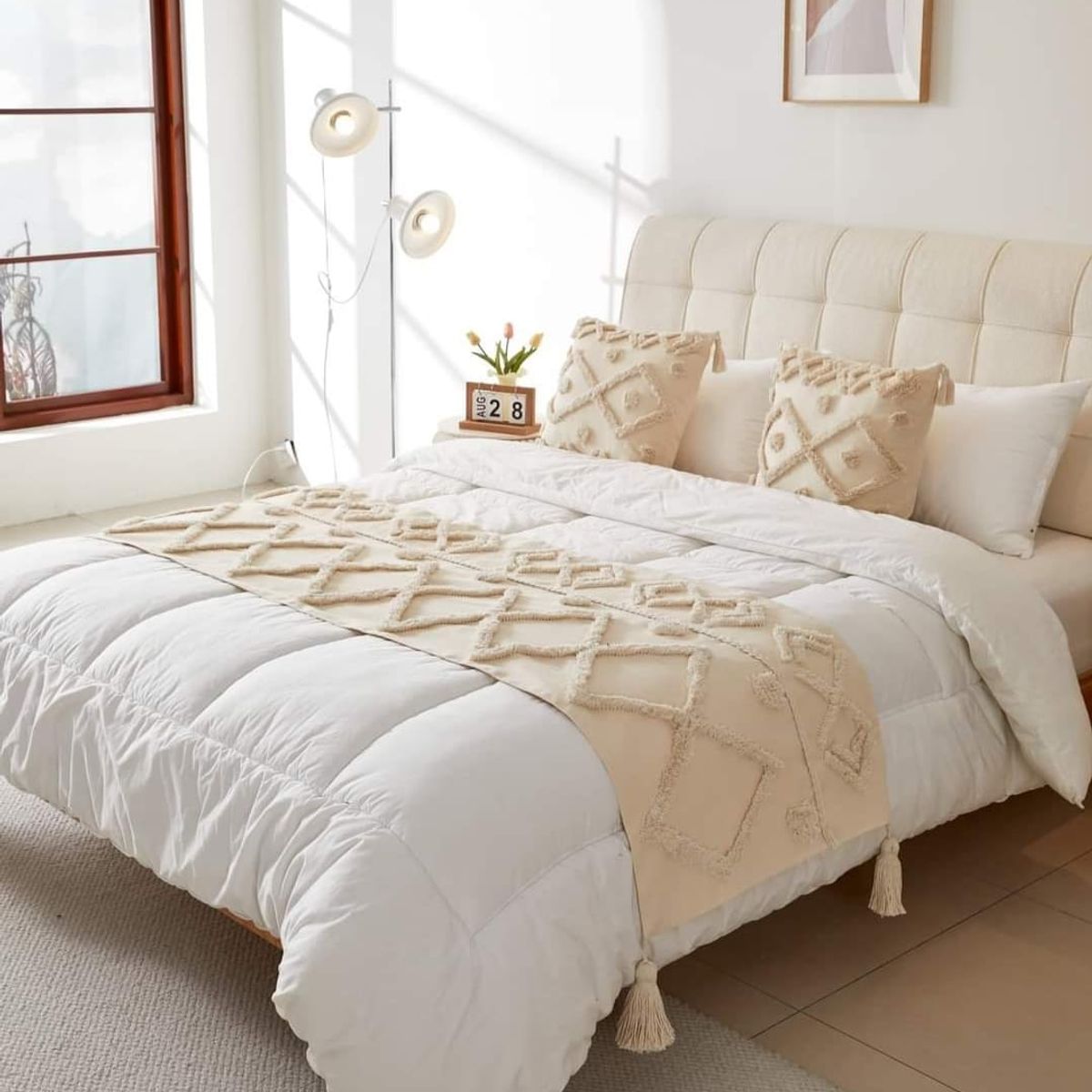 GENERICO - piecera boho con borlas más dos fundas de cojín cama 2 plazas y king