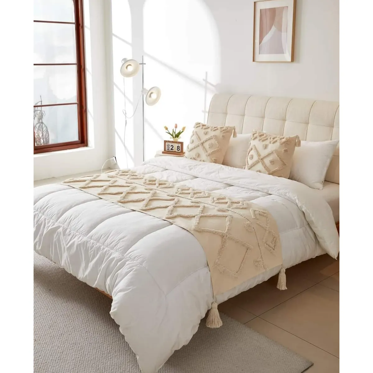 GENERICO - piecera boho con borlas más dos fundas de cojín cama 2 plazas y king