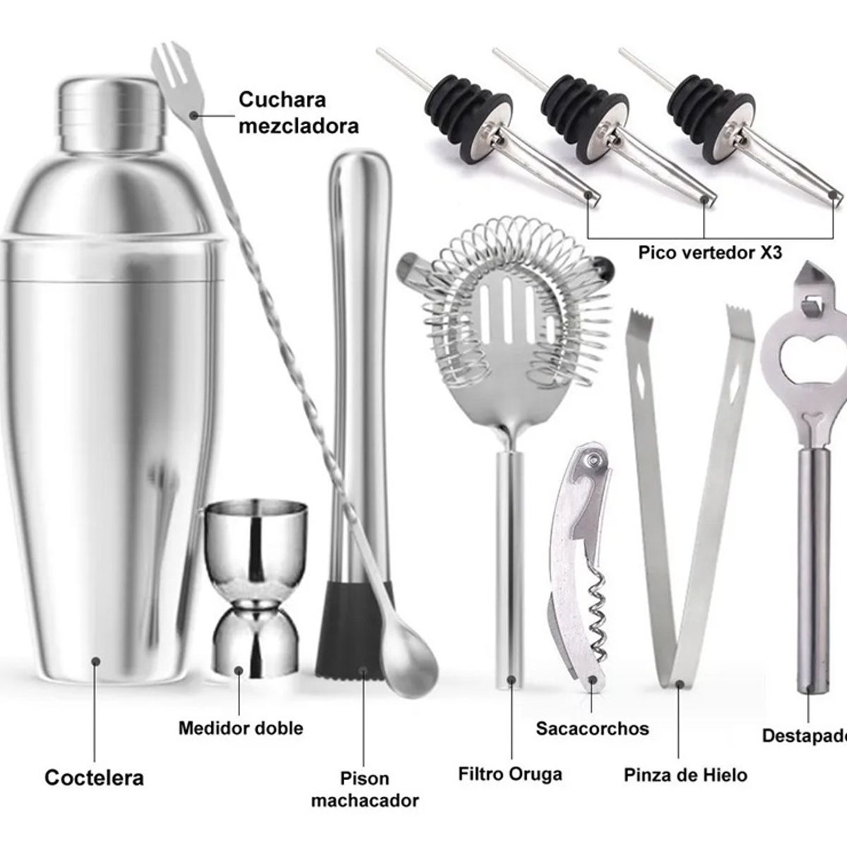 GENERICO - Set 12 Piezas Coctelería Bartender Tragos Acero Inoxidable