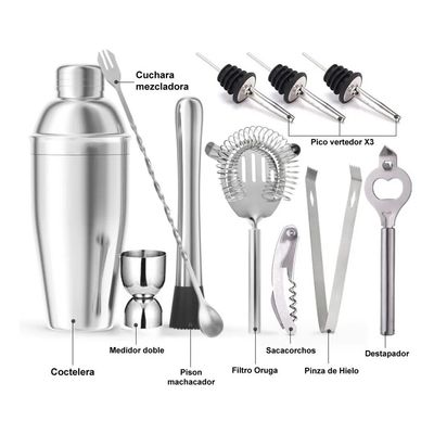 Imagen 2 del producto Set 12 Piezas Coctelería Bartender Tragos Acero Inoxidable