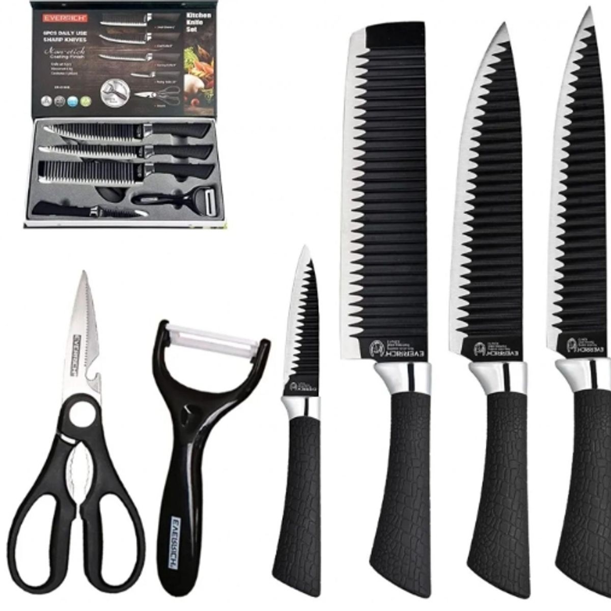 GENERICO - Kit Set De Cuchillos Juego Cocina Mango Antirresbalante Negro