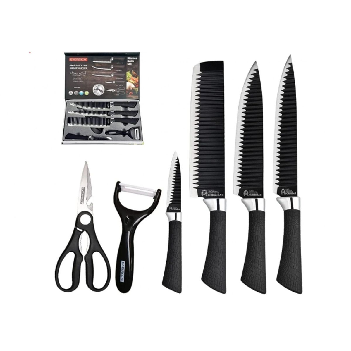 GENERICO - Kit Set De Cuchillos Juego Cocina Mango Antirresbalante Negro
