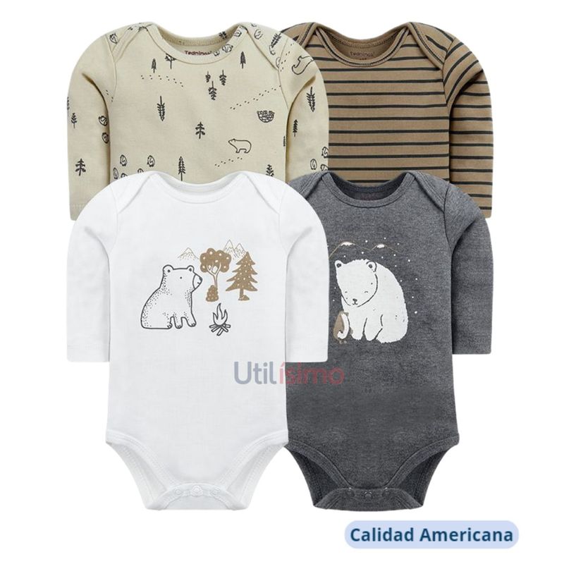 TEDMIMAK - Pack 4 Bodys Tedmimak Niño Manga Larga Osos 100% Algodón