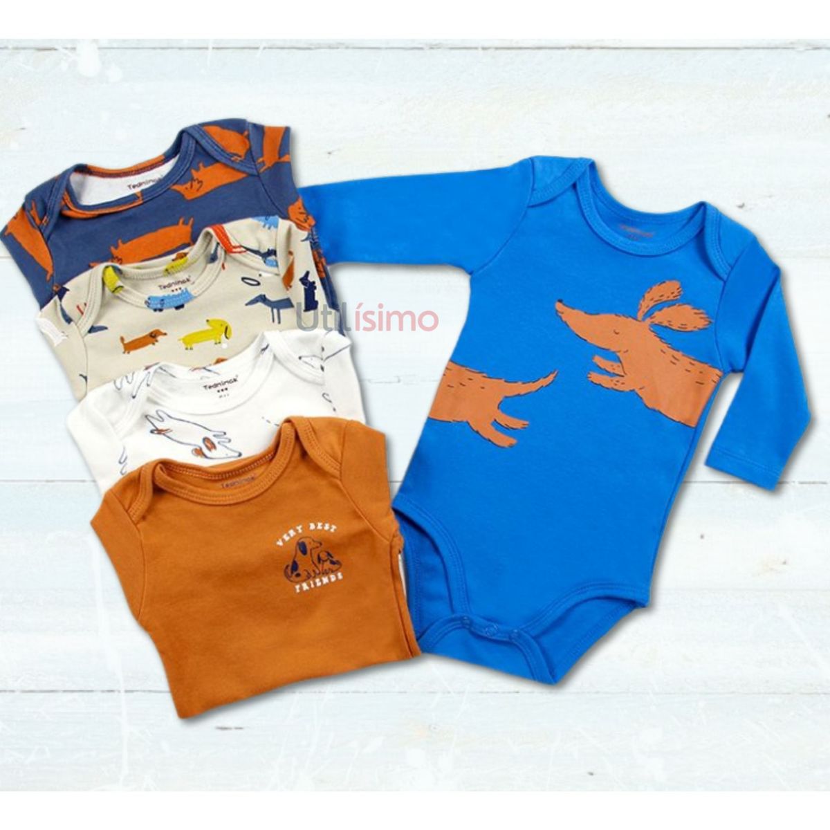 TEDMIMAK - Pack 5 Bodys Tedmimak Niño Manga Larga Perritos Varios 100% Algodón