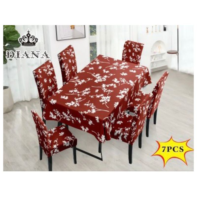 DIANA - Mantel Con Fundas De Sillas 7 Piezas 220x150 BORDO ESTAMPADO FLOR
