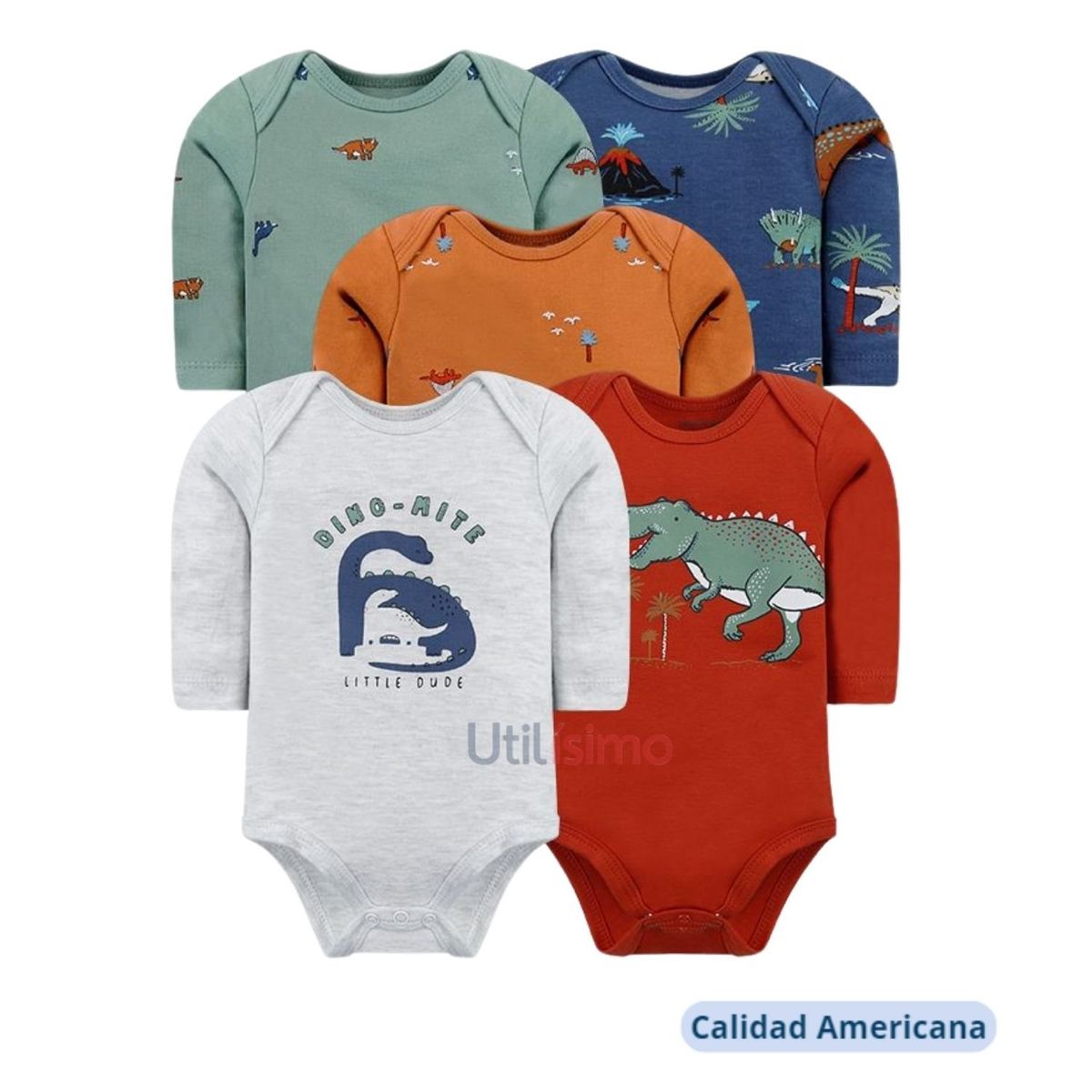 TEDMIMAK - Pack 5 Bodys Tedmimak Niño Manga Larga Dinosaurios Varios 100% Algodón