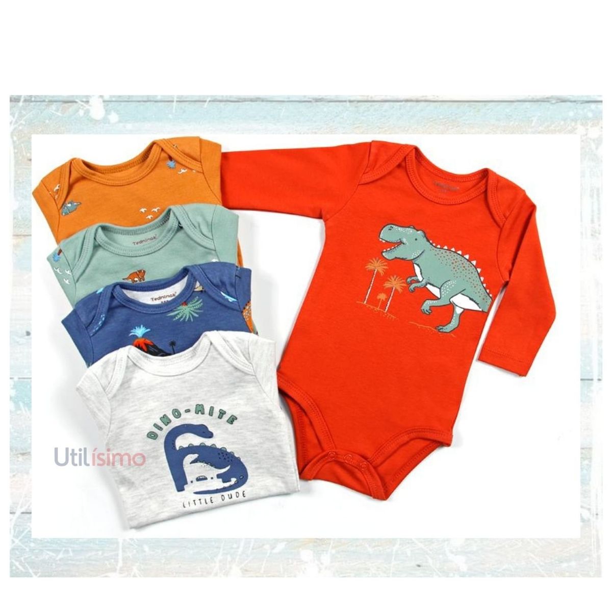 TEDMIMAK - Pack 5 Bodys Tedmimak Niño Manga Larga Dinosaurios Varios 100% Algodón