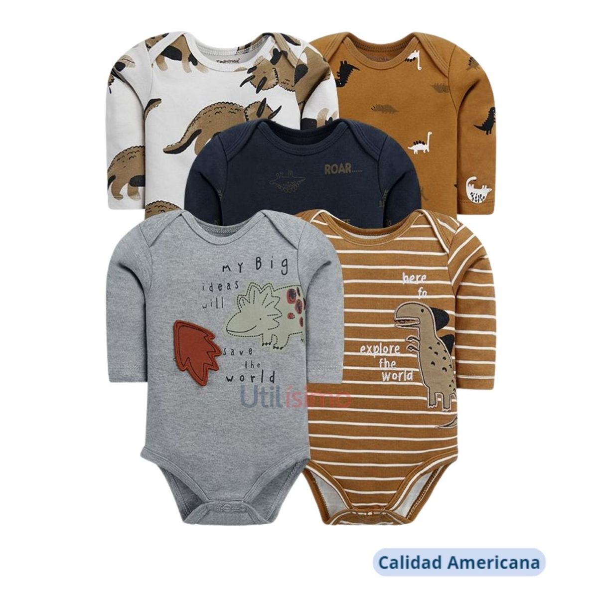 TEDMIMAK - Pack 5 Bodys Tedmimak Niño Manga Larga Dinosaurios 100% Algodón