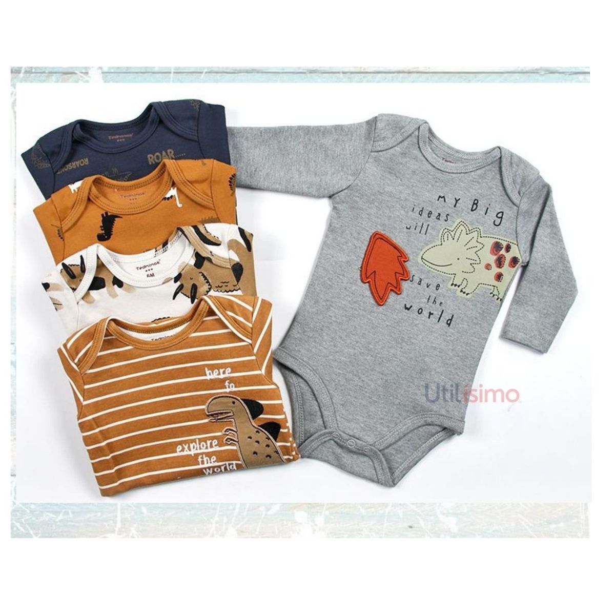 TEDMIMAK - Pack 5 Bodys Tedmimak Niño Manga Larga Dinosaurios 100% Algodón