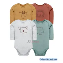 TEDMIMAK - Pack 4 Bodys Niño Manga Larga Animales 100% Algodón