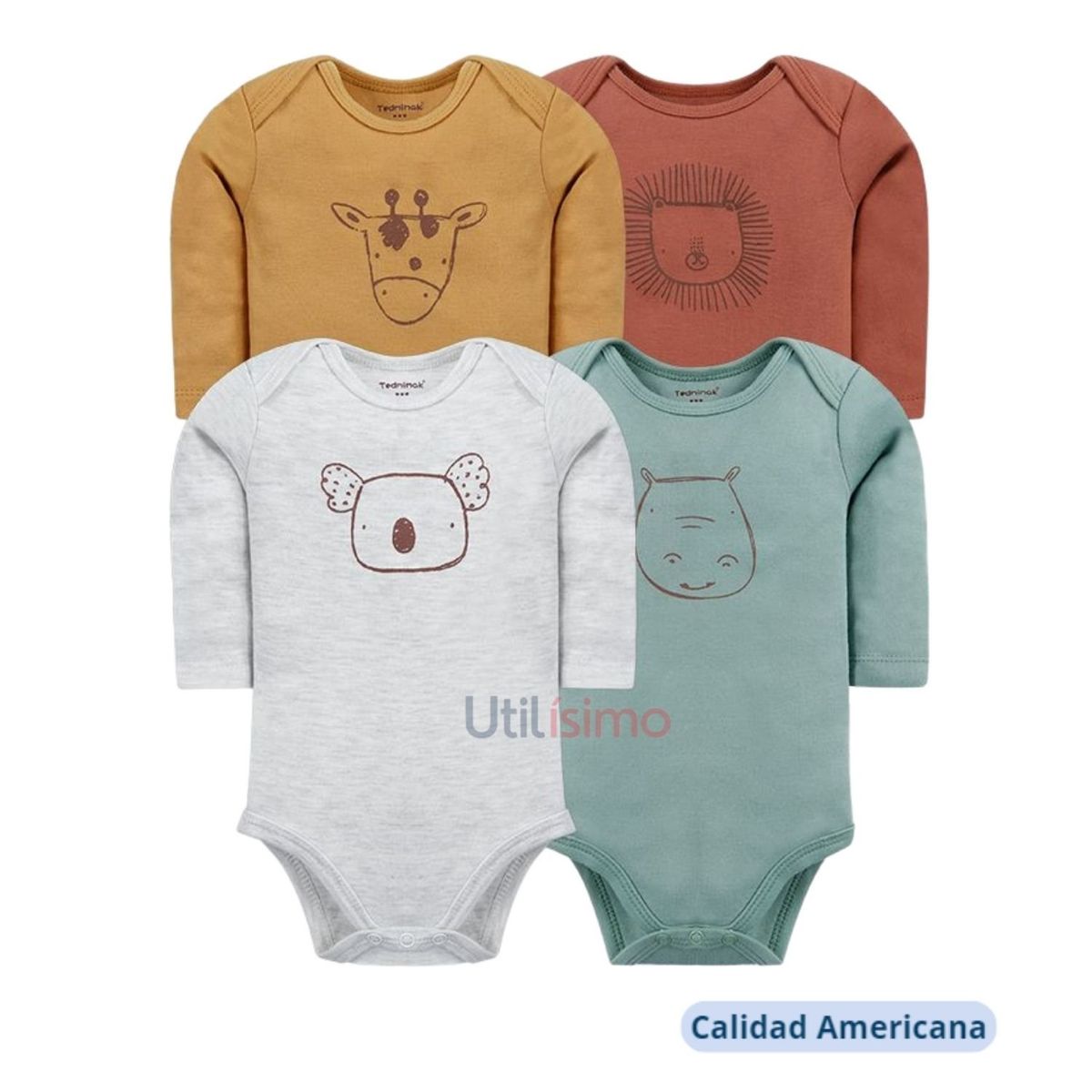 TEDMIMAK - Pack 4 Bodys Tedmimak Niño Manga Larga Animales 100% Algodón