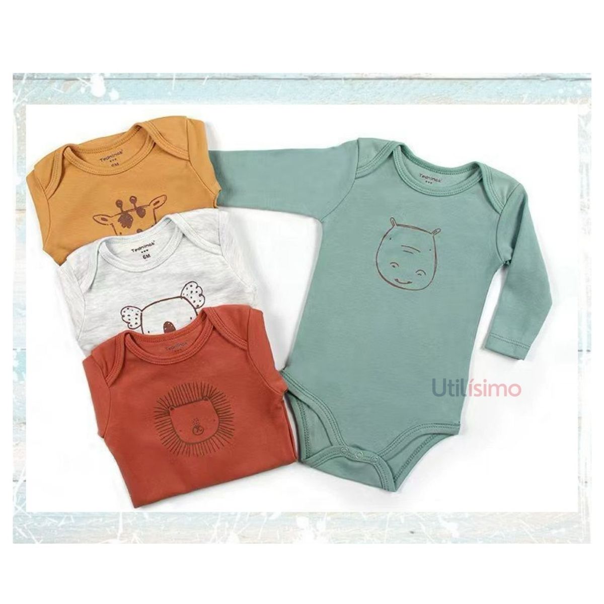 TEDMIMAK - Pack 4 Bodys Tedmimak Niño Manga Larga Animales 100% Algodón