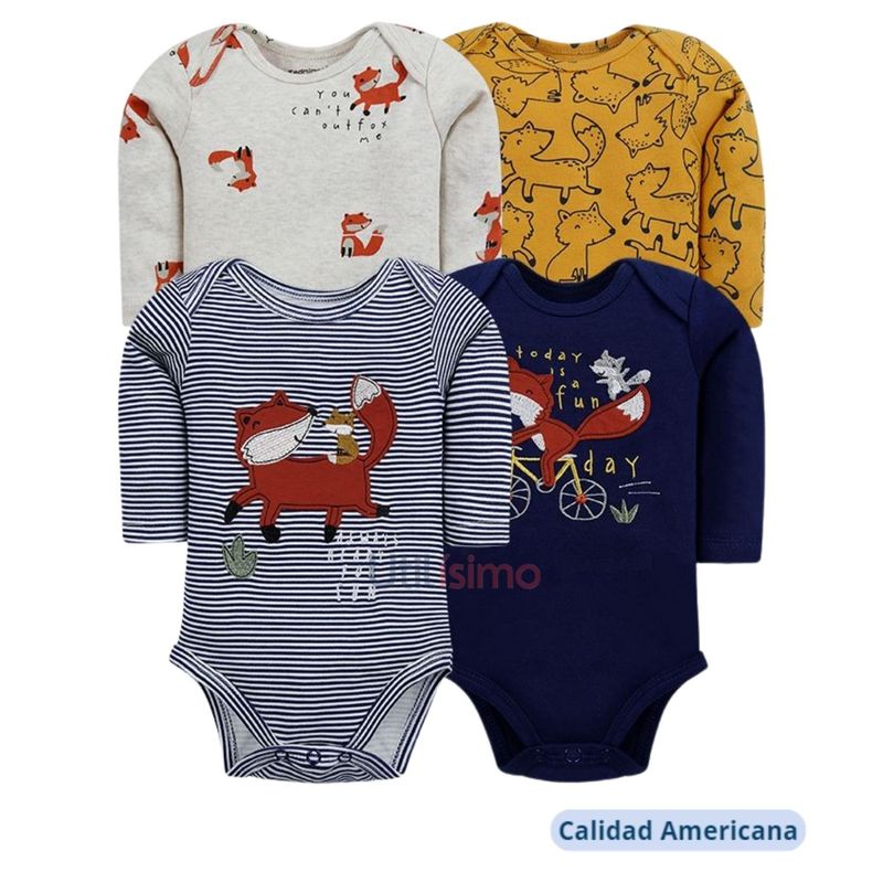 TEDMIMAK - Pack 4 Bodys Tedmimak Niño Manga Larga Zorro Rojo 100% Algodón
