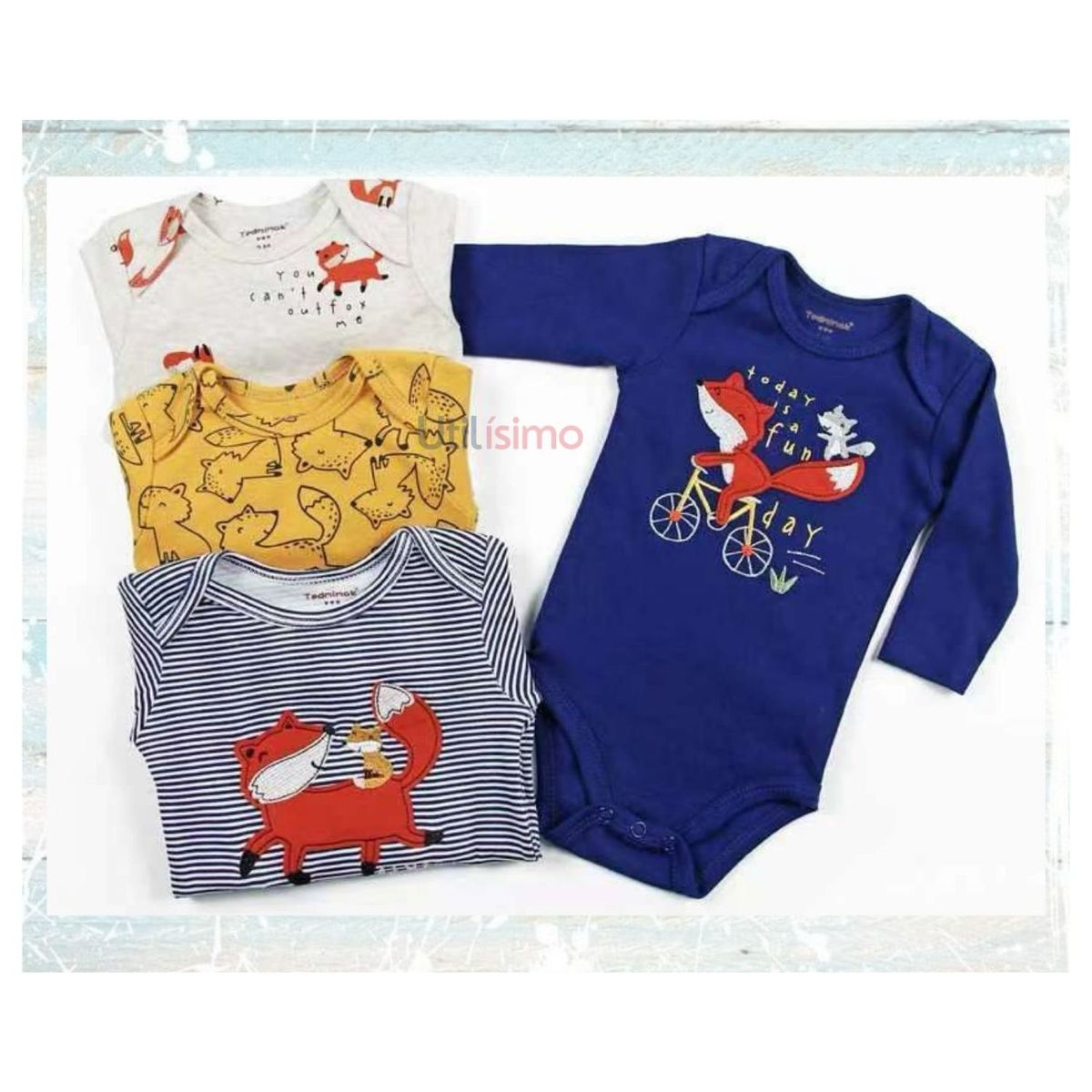 TEDMIMAK - Pack 4 Bodys Tedmimak Niño Manga Larga Zorro Rojo 100% Algodón