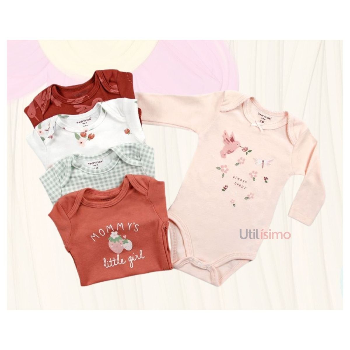 TEDMIMAK - Pack 5 Bodys Tedmimak Niña Manga Larga Pajaritos 100% Algodón