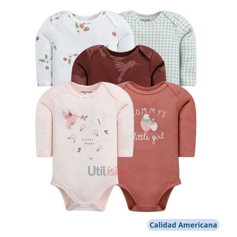 TEDMIMAK - Pack 5 Bodys Tedmimak Niña Manga Larga Pajaritos 100% Algodón