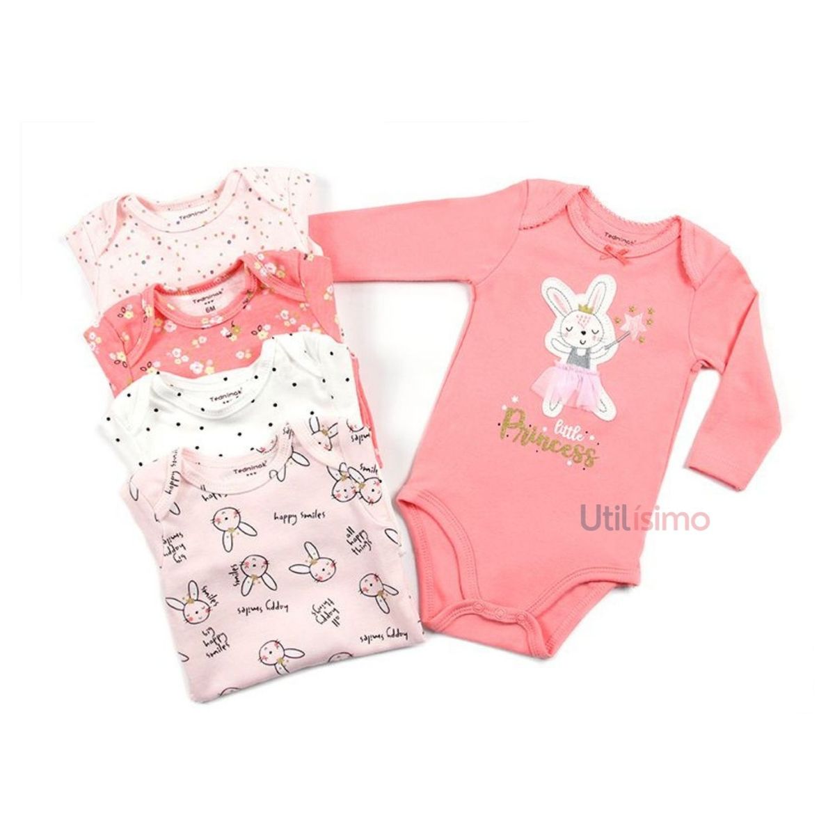 TEDMIMAK - Pack 5 Bodys Tedmimak Niña Manga Larga Conejita Bailarina 100% Algodón