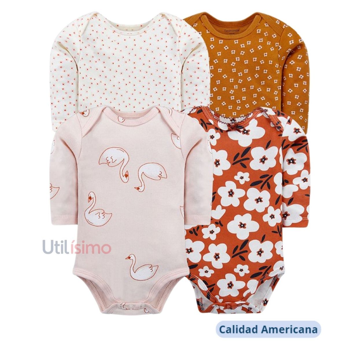 TEDMIMAK - Pack 4 Bodys Tedmimak Niña Manga Larga Cisne y Flores 100% Algodón