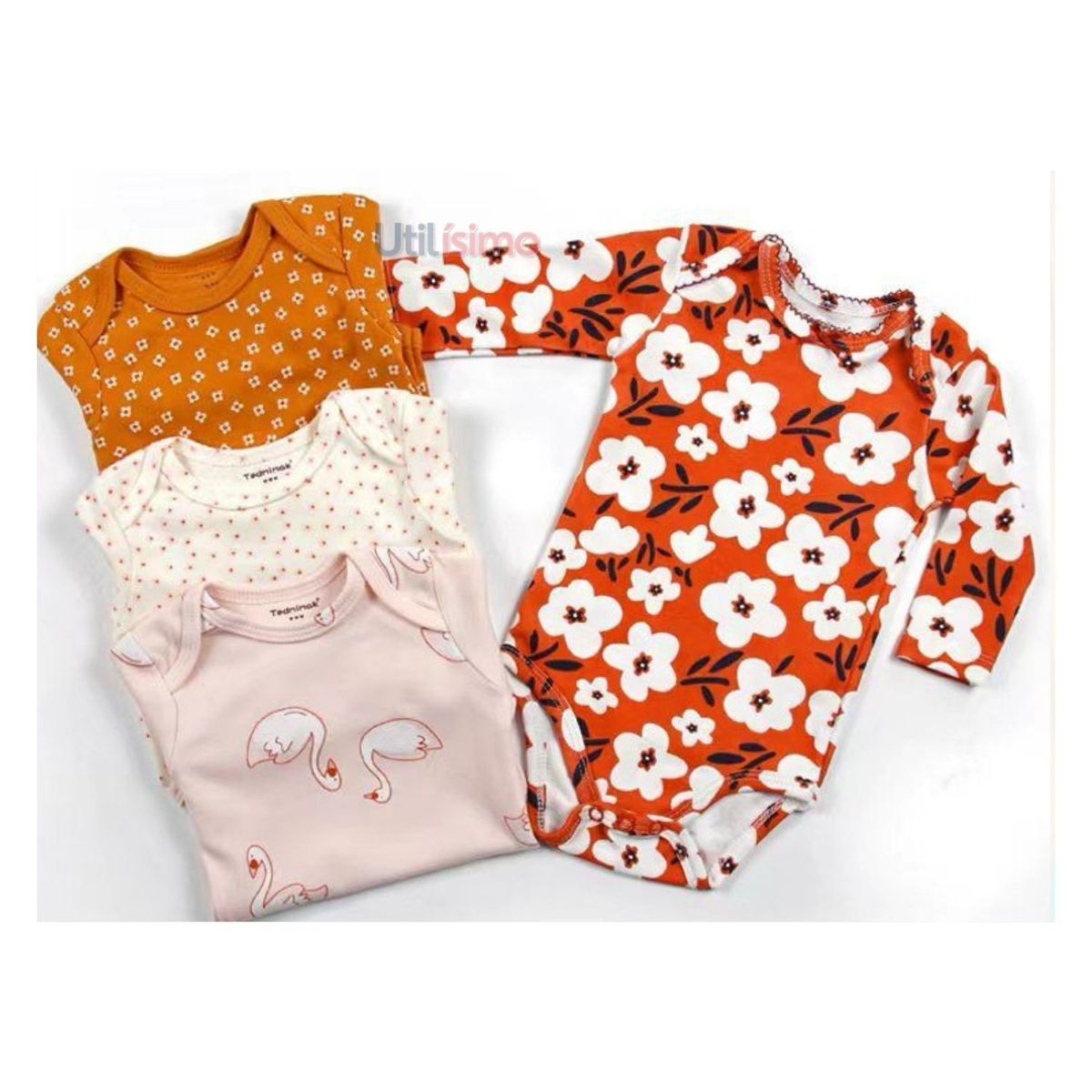 TEDMIMAK - Pack 4 Bodys Tedmimak Niña Manga Larga Cisne y Flores 100% Algodón