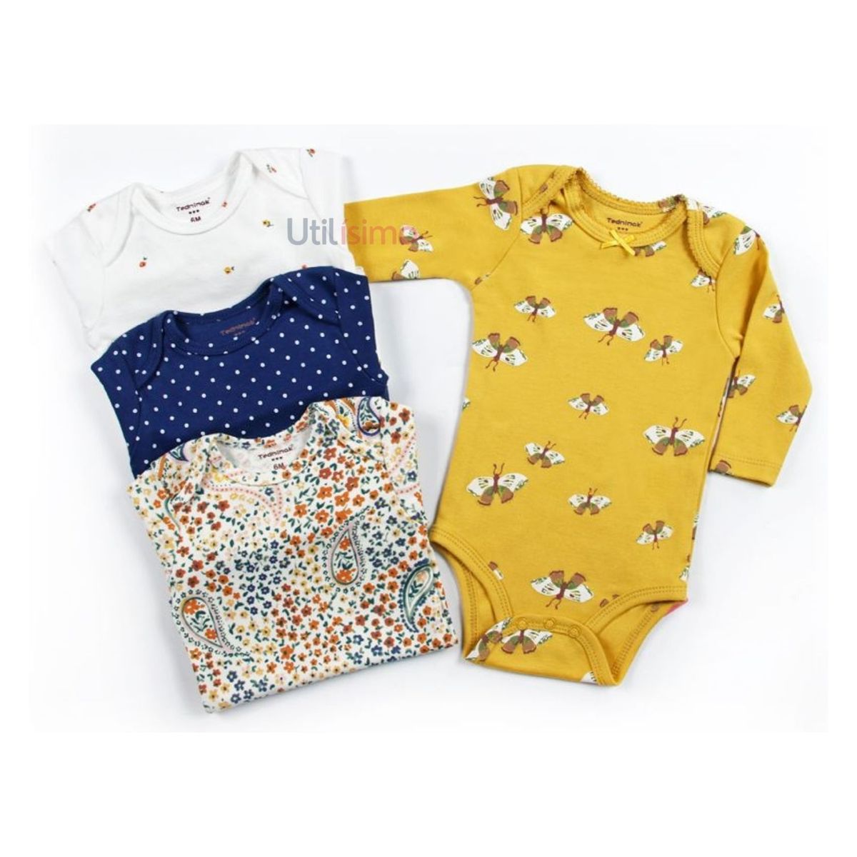 TEDMIMAK - Pack 4 Bodys Tedmimak Niña Manga Larga Mariposas 100% Algodón