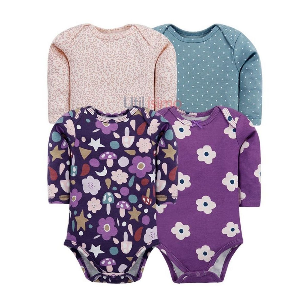 TEDMIMAK - Pack 4 Bodys Tedmimak Niña Manga Larga Honguitos y Flores 100% Algodón