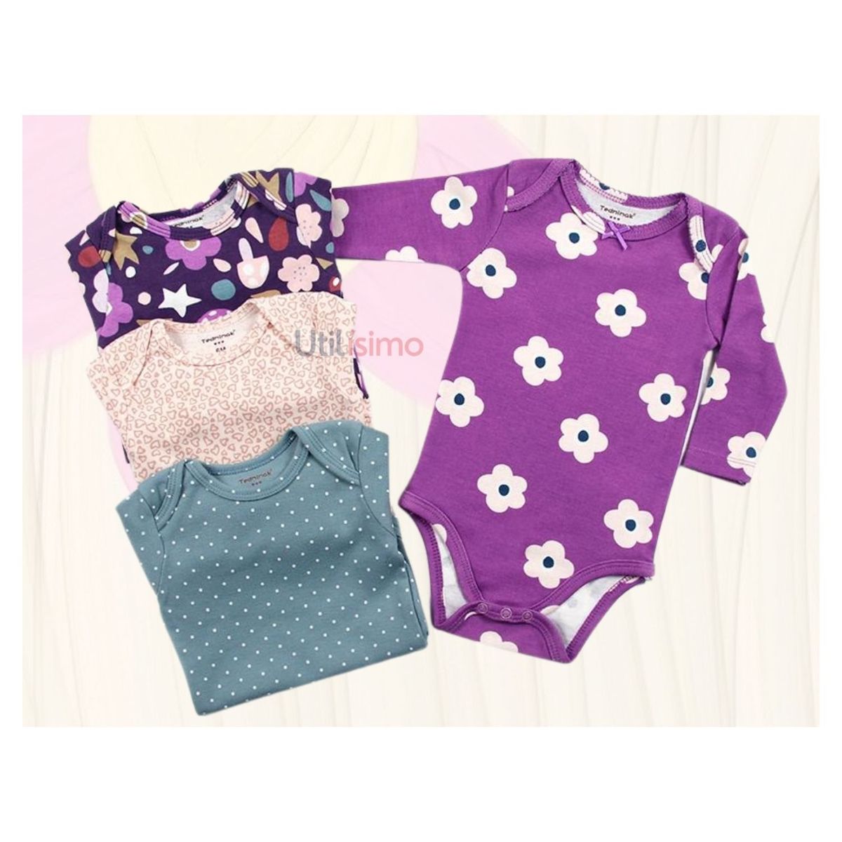 TEDMIMAK - Pack 4 Bodys Tedmimak Niña Manga Larga Honguitos y Flores 100% Algodón