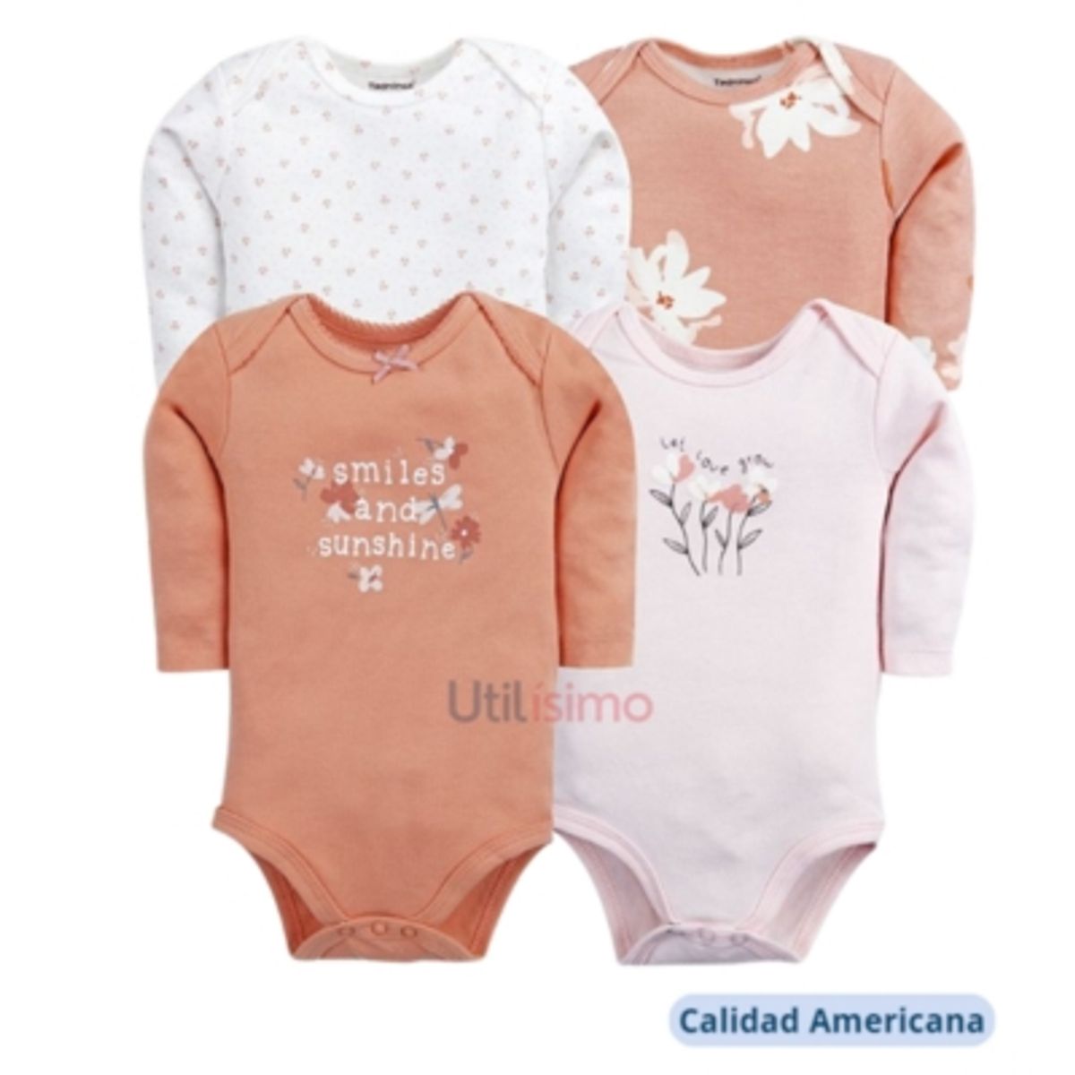 TEDMIMAK - Pack 4 Bodys Tedmimak Niña Manga Larga Smile and Sunshine 100% Algodón