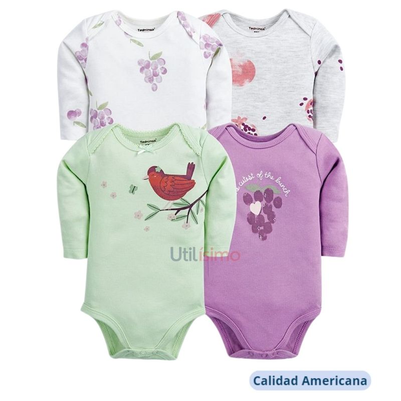 TEDMIMAK - Pack 4 Bodys Tedmimak Niña Manga Larga Pajaritos y Uvas 100% Algodón