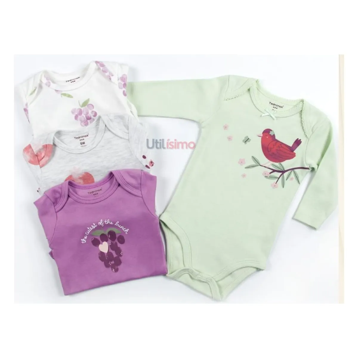 TEDMIMAK - Pack 4 Bodys Tedmimak Niña Manga Larga Pajaritos y Uvas 100% Algodón