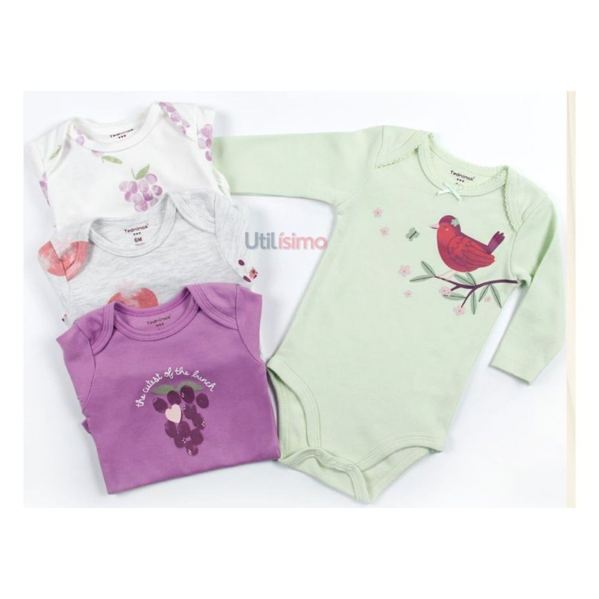 TEDMIMAK - Pack 4 Bodys Tedmimak Niña Manga Larga Pajaritos y Uvas 100% Algodón